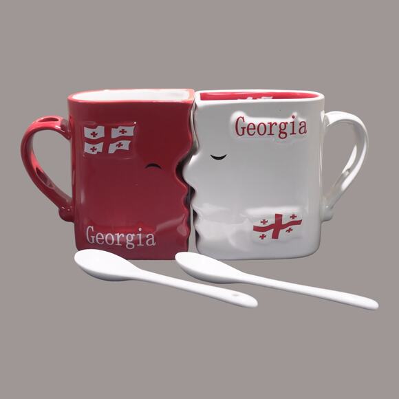 Kissing Mugs w/ 2 Teaspoons Ceramic Red & White Gift Valentine NWOT - Picture 2 of 11